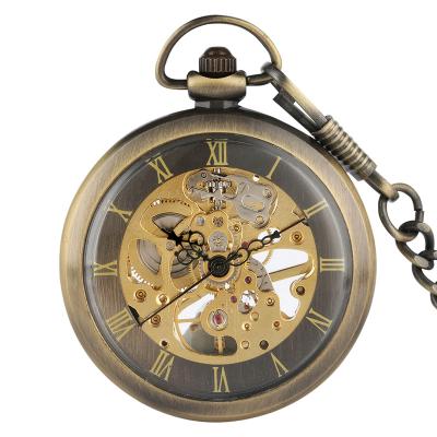 China Fashion Bronze Open Winding Skeleton Face Men's Clock Pocket Watch Roman Number Mechanical Watch for sale