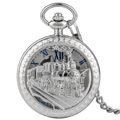 China Classic Affordable Mechanical Watches Fashion Gear Train Pocket Watch Hollow Locomotive Roman Numbers Relogio Hand Winding for sale