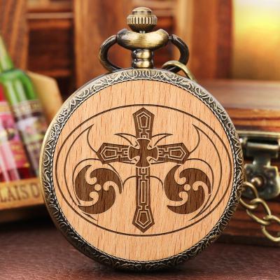 China Quartz Watch with Necklace Chain Quartz Old Antique Watches Pocket Clocks Steampunk Cross Pattern Wooden Slice Custom Relogio Engraving Logo Pocket Watch for sale