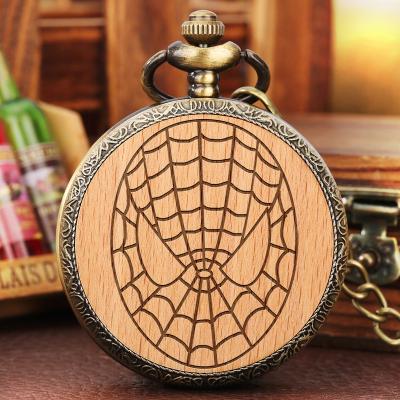 China Quartz Watch With Case Antique Bronze Spider Clock Pocket Necklace Chain Metal Web Human Custom Engraved Wooden Slice Art Quartz Pocket Watch For Gift for sale