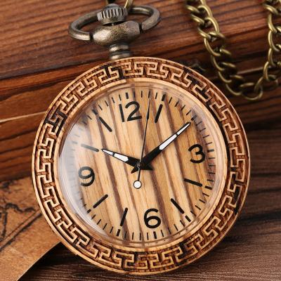 China Unique Carved Wooden Pocket Watch Style Relogio Reloj De Bolsillo Quartz Engraved Pocket Watches With Chain Pendant for sale