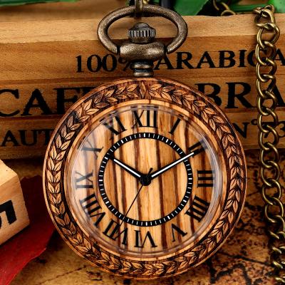 China Custom Chained FOB Logo Engraved Quartz Wood Pocket Clock Full Wood Antique Vintage Wooden Watch Pocket Clock For Men for sale