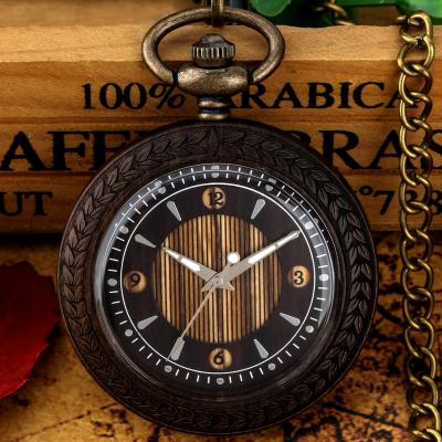 China 2022 New Vintage Design Wooden Pocket Watch Black Ebony Pendant Steampunk Custom Wood FOB Chain Pocket Watch With Chain for sale