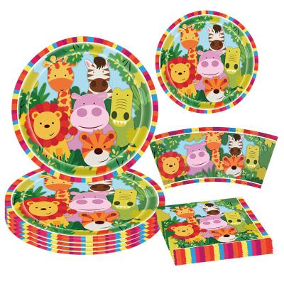 China Party Festival Supplies Cartoon Forest Zoo Theme Disposable Paper Tableware Plastic Tablecloth Set For Kids Birthday Party Supplies for sale