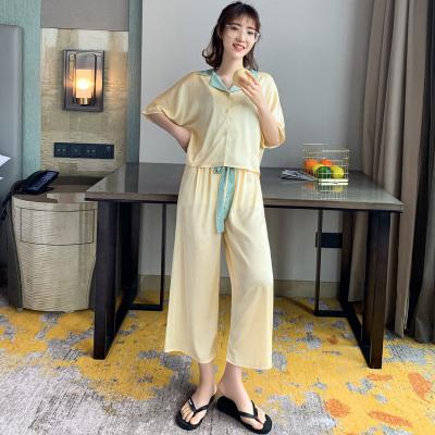 China Spring and summer color patchwork sleeves QUICK DRY short pajamas ice silk robe salon wear girl night home dress for sale