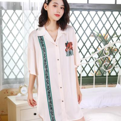 China QUICK DRY Spring Sleeve Jacket and Summer Cardigan Lapel Cartoon Printing Loose Casual Ladies Home Wear Ice Silk Pajamas Women for sale