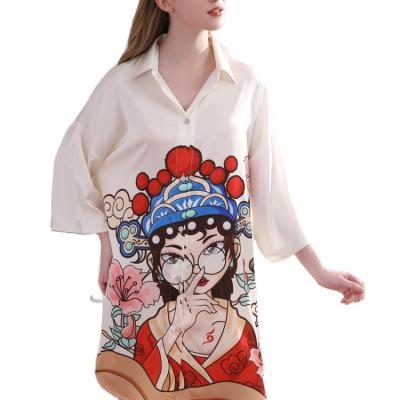 China QUICK DRY loose spring ice pajamas female and summer lapel half sleeve cardigan silk fabric ladies summer ladies clothing home print cartoon for sale