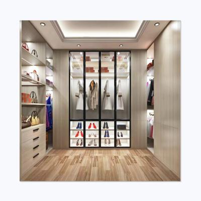 China New Bedroom Furniture LED Light Clothes Cabinet Walk-in Wardrobe Cabinet Adjustable Modern Luxury Glass Open Doors Wardrobe for sale