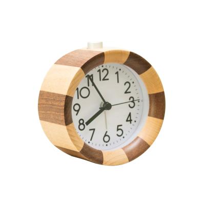 China Calendars Scustom Logo Novelty Kids Solid Snooze Gift Work Digital Quartz Wooden Round Alarm Clock With Soft Backlight for sale