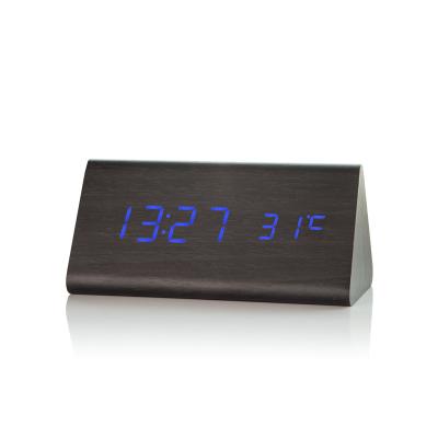 China Classes Triangle Humidity Temperature LED Digital Clock Voice Control Cheap Desktop Alarm Clock For Bedroom for sale