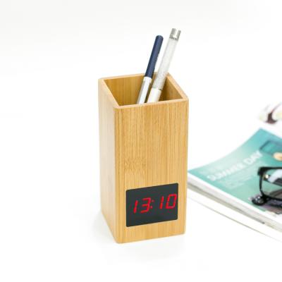 China Portable Calendars Makeup Brush Wooden Alarm Clock with Pen Holder Digital Clock for Home or Office for sale