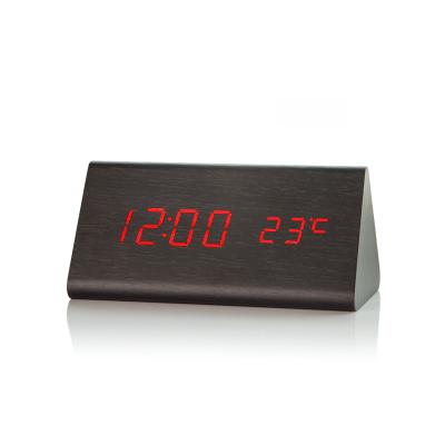 China Class 2020 New Arrival Sound Check With Digital Brightness Adjustable Triangle Solid Wood Alarm Clocks for sale