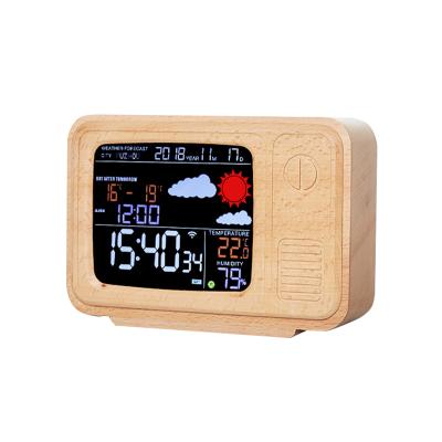 China Files Multifunctional LED Display WiFi Table Digital Large Screen Solid Wood Weather Station Alarm Clock for sale