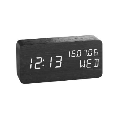 China Class Led Promotional Desktop Voice Control Table Digital Reading Clock with Calendar and Temperature for Smart Wooden Digital Alarm Clocks for sale