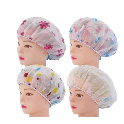 China Promotion Salon Cute Flower Raincoat Customized Lovely Travel Home Hat Printed Single Layer Reusable Plastic PEVA Shower Hair Treatment Dust Cap for sale