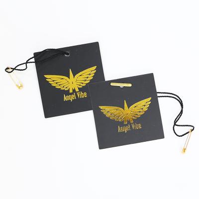 China OEM Style Sustainable Luxury Gold Stamp Printing Square Black String Hang Tags With Pin For Garment for sale