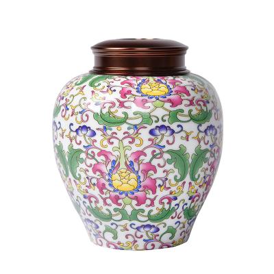 China High Temperature Burning (1300 Degree) Best Sell Hand Painted Enamel Flower Leaf Prints Home Decoration Sealed Ceramic Tea Storage Bottle for sale