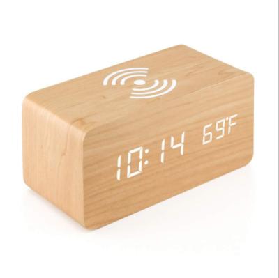 China Promotional Custom Logo Phone Wireless Charger Wooden Digital LED Alarm Clock Temperature Display Table Clock Antique Style Best Gift for sale