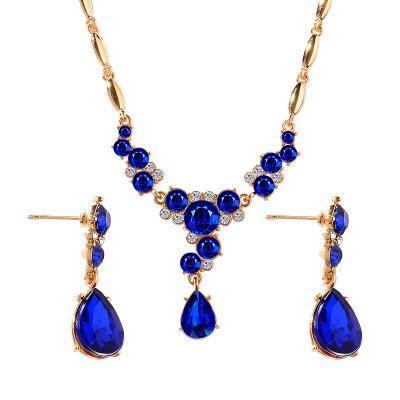 China Hot-selling European and American European drop shape alloy material gold plated blue green crystal jewelry necklace earrings set for sale