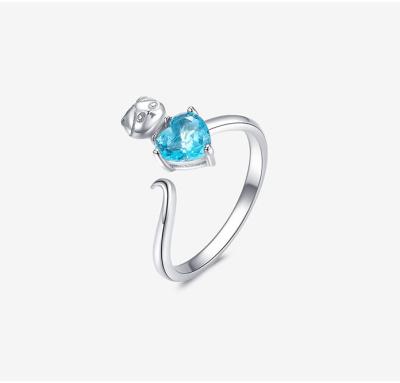 China Cute cat heart shape high quality crafting s925 sterling silver adjustable platinum-plated rings with blue zircon for sale