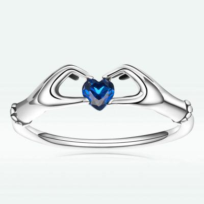 China High quality S925 sterling silver female two hand heart anniservary ring heart shaped rings with blue zircon for sale