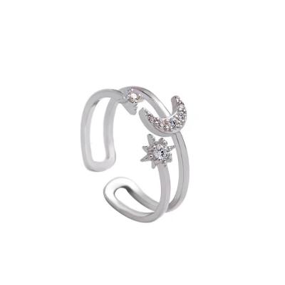 China High quality European and American inlaid ring gemstone s925 sterling silver star and double moon opening female ring for sale