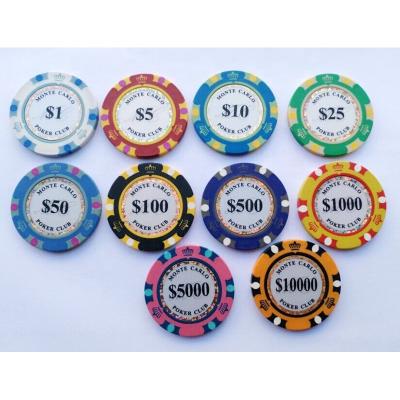 China Casino Texas Holdem Factory Supply 40mm Clay Poker Chips 14g Monte Carlo Club Sticker Poker Chips for sale