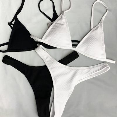 China 2020 viable popular sexy black and white color swimwear triangle swimsuit thong bikini set for sale