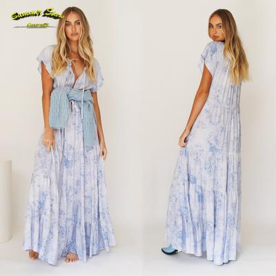 China 2021 Summer New Design Anti-static Women's Clothing Casual Bohemian Link Front Maxi Dresses Women Floral Print Viscose for sale