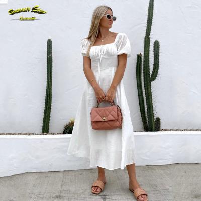 China 2021 Anti-Static Fashions Women Side Split White Casual Tie Front Midi Summer Dress Short Sleeve Cotton for sale