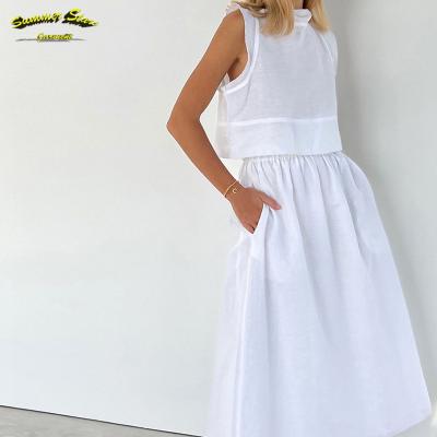 China 2022 Summer New Cotton Casual Fashion Women's Casual Cotton Linen Suit Simple Ruffled White Solid Sleeveless T-shirt Vest Skirt for sale