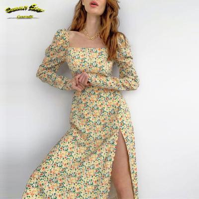 China Casual Dresses Women Summer Wear Washable Lantern Sleeve Off The Shoulder Daisy Floral Print High Waist Soft Split Long Midi Dress for sale