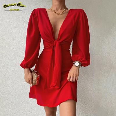 China Long Bodycon Evening Dress Mini Club Party Casual Sleeve Straps Deep V Neck Women Night Dresses Solid Sexy Bandage Washable for sale