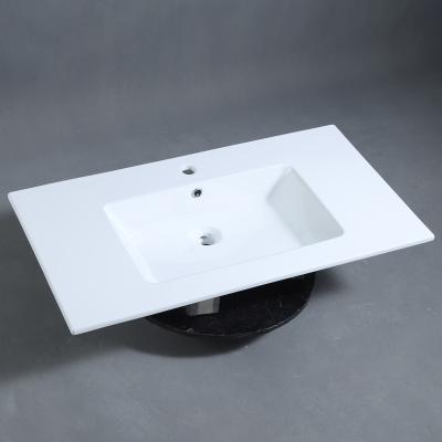 China Luxury Modern White Ceramic Slim Edge Rectangle Vanity Top Rectangle Washroom Cabinet European Bathroom Single Sink for sale