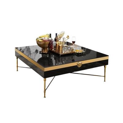 China Modern Luxury Modern Living Room Gold Black Tiger Hotel Tempered Glass Stainless Steel Dining Table Main Coffee Table for sale