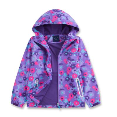 China Two Sides Pockets With Zipper Girls Kids Outdoor Floral Fleece Lined Light Wind Proof Jacket With Hood for sale