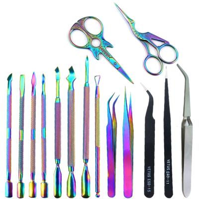 China Waterproof Eyelash Dead Scissors Black Dead Skin Remover Stainless Steel Rainbow Double-end Stainless Steel UV Gel Remove Tools for sale