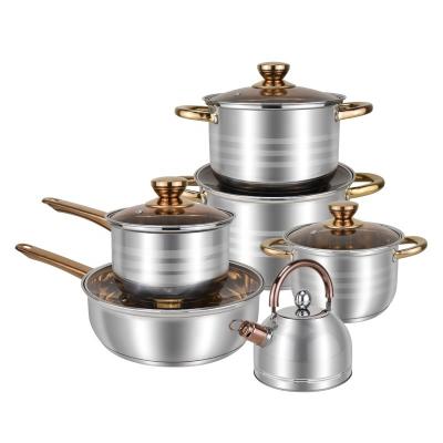 China Factory-opened 12pcs sustainable and eco-friendly stainless steel cooking pot set with water kettle and capsuled bottom for sale