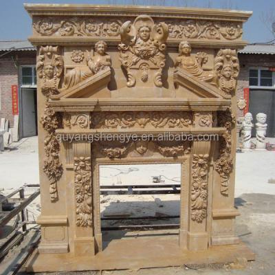 China Indoor Free Standing Yellow Marble Fireplace, Indoor Fireplace Marble Kits for sale