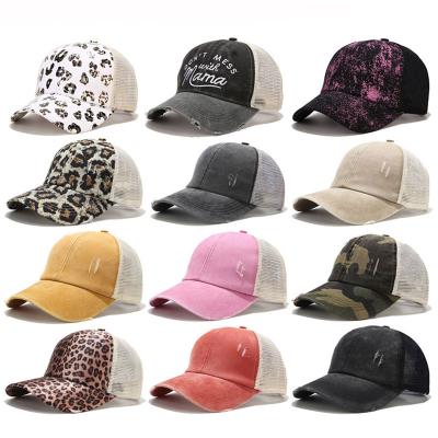 China COMMON Distressed Washed Cotton Baseball Cap Ponytail Hat Mesh Trucker Hat for sale