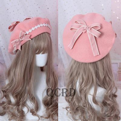 China Picture Handmade Adult Plain Solid Color Lolita Hat With Adjustable Strings Fashion Daisy Bow Wool Beret Hat For Women Ladies for sale