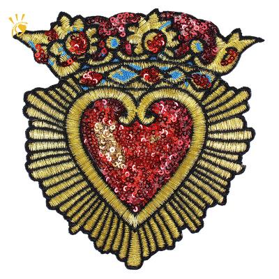 China Sustainable Sequin Crown Heart Badge Fabric Patches Gold Embroidery Applique Sacred Heart Patches OEM for sale