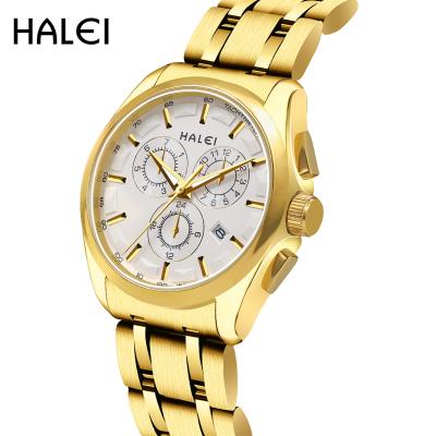 China HALEI Waterproof Watch Fashion Trend Gold Stainless Steel Strap Quartz Top Quality Luxury Watch For Men for sale