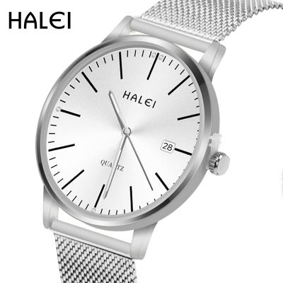 China HALEI Charm Casual Good Quality Luxury Waterproof Fashion Silver Mesh Steel Band Men Quartz Watches for sale