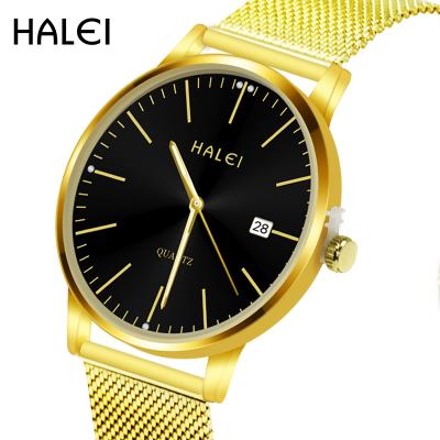 China HALEI Waterproof Luxury Trend Mesh Stainless Steel Strap Gold Men's Quartz Watches for sale