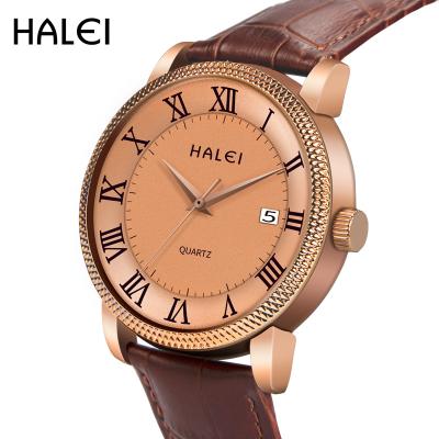 China HALEI Waterproof Formal Men Watches Nice Size Luxury Quality Genuine Leather Strap Men Quartz Watches for sale