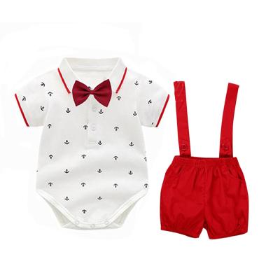 China Hot Selling Cottonbaby Boys Casual Romper Jumpsuits Two Piece Set Clothes Sets Plaid Sleeve Bow Tie Shirt Rompers Suspenders Pants Set Long for sale