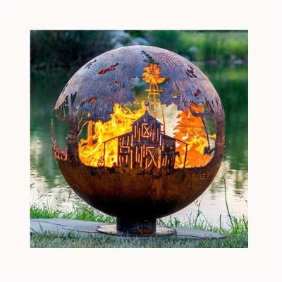 China Stocked Exterior Chimney Fire Pit Metal Sphere Wood Burning Corten Steel Available For Customized Steel Products for sale