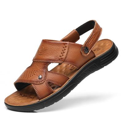 China Top Quality Hot Selling Genuine Leather Men's Sandals Lightweight Brown Anti Slip Sandals Outdoor Soft Latex Insole for sale