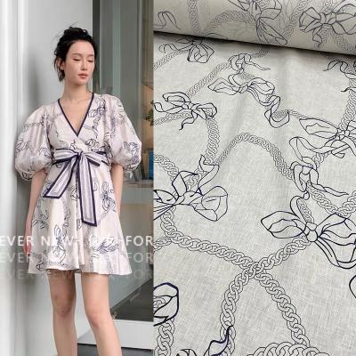 China New spring bow spring and summer vacation style series linen cloth fabric blue sheer dress skirt viable custom high face cloth for sale